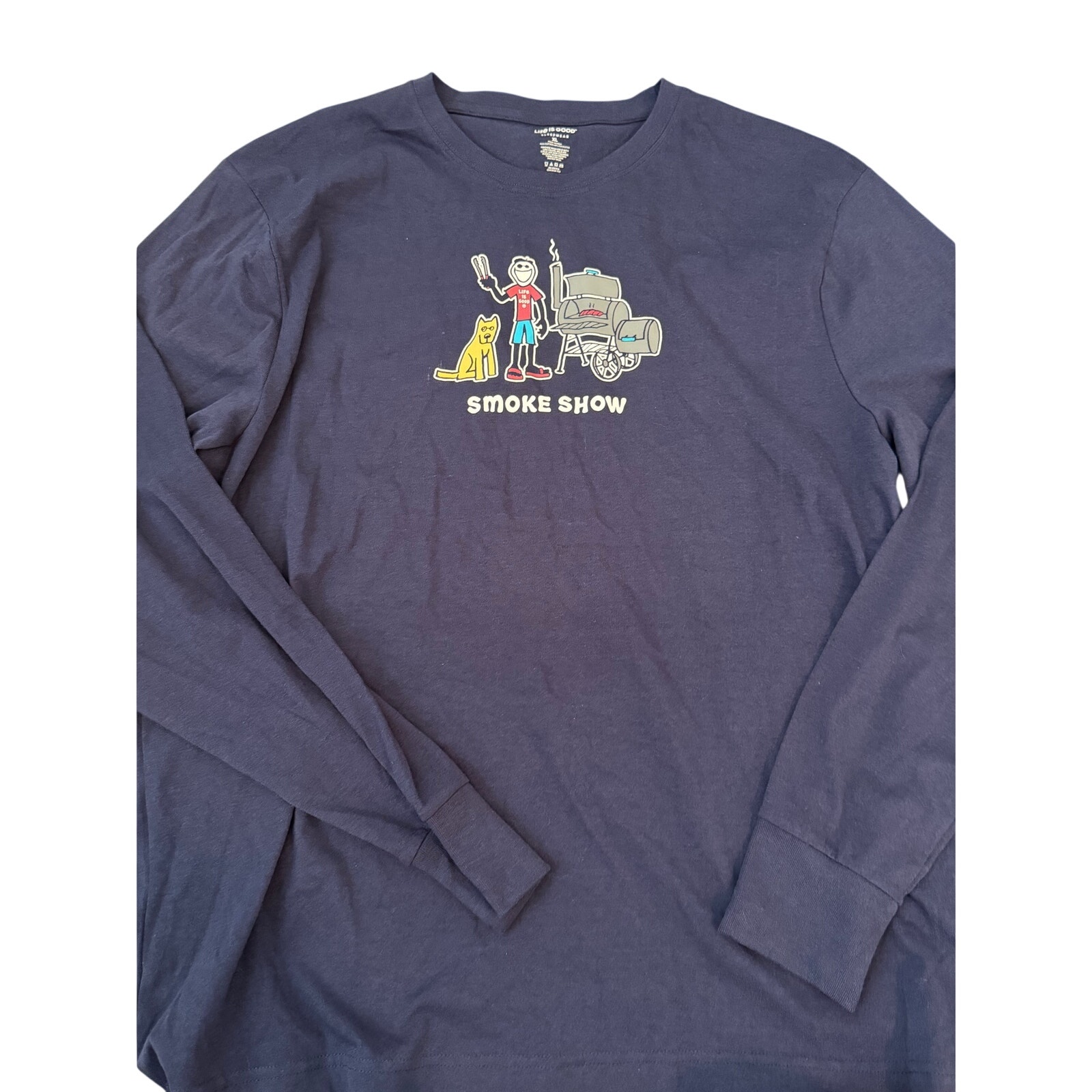 Life Is Good T-Shirt Smoke Show Grilling Bbq Crew Neck Blue Size Xl